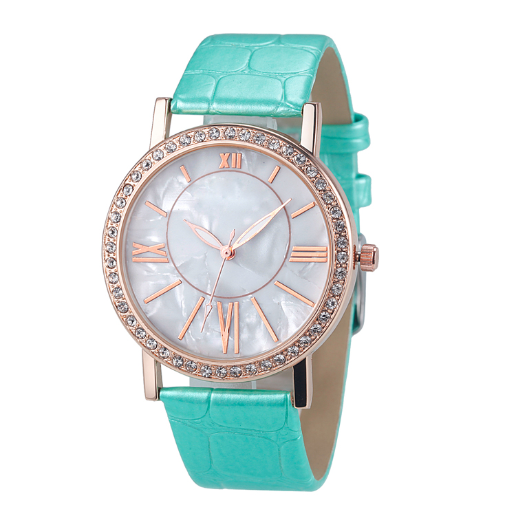Woman watches pu leather band big face lady watch with bling bling case rose gold